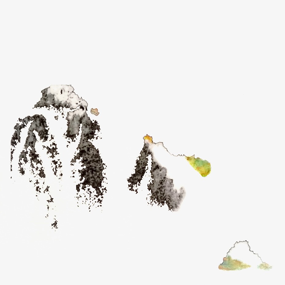 Carole Beugniet, Paysages multiples série 2021 estampe numérique n°4 rehaussée de crayon de_couleu et aquarelle, 23 x 23 cm 