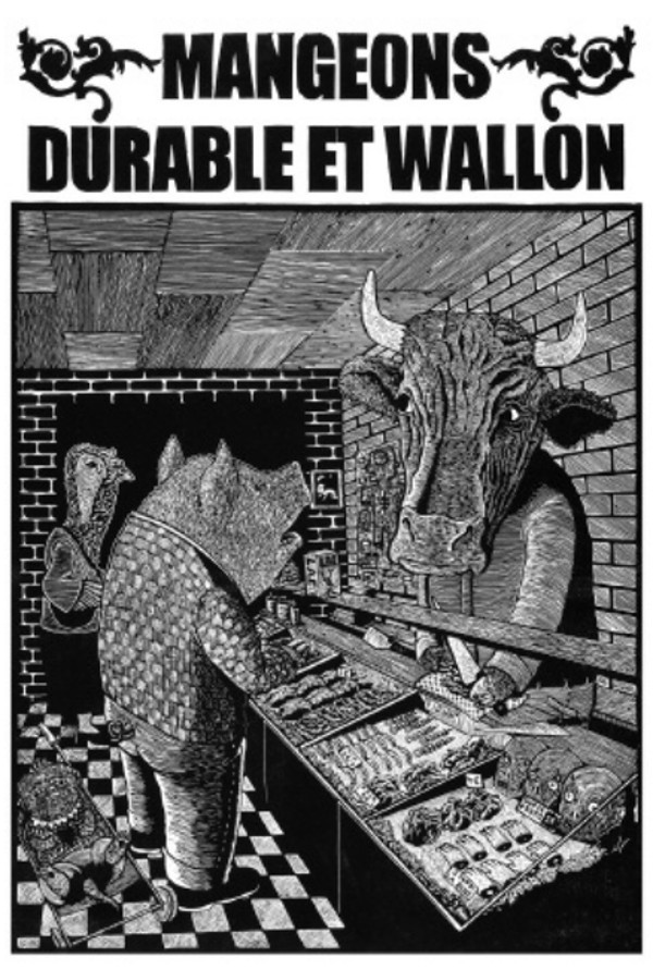 Sylvain Bureau, Mangeons durable et wallon, linogravure, 2012, 65 x 46 cm.