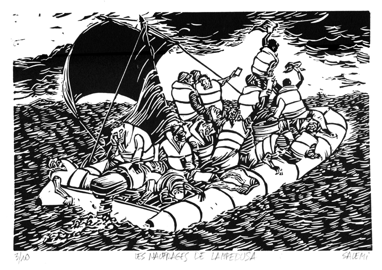 Jean-Claude Salemi, Les Naufragés de Lampedusa, 2021, linogravure, 16 x 23 cm.png