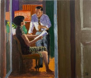 Catherine Bardiau, Conversation, 2023, acrylique sur MDF, 30 x 35 cm 